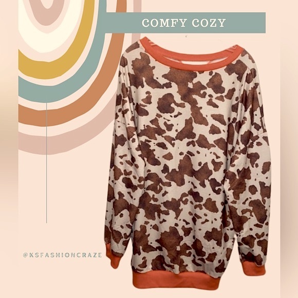 #1356 Super Cozy Cow Print Long Sleeve Sweater Top - Picture 5 of 17
